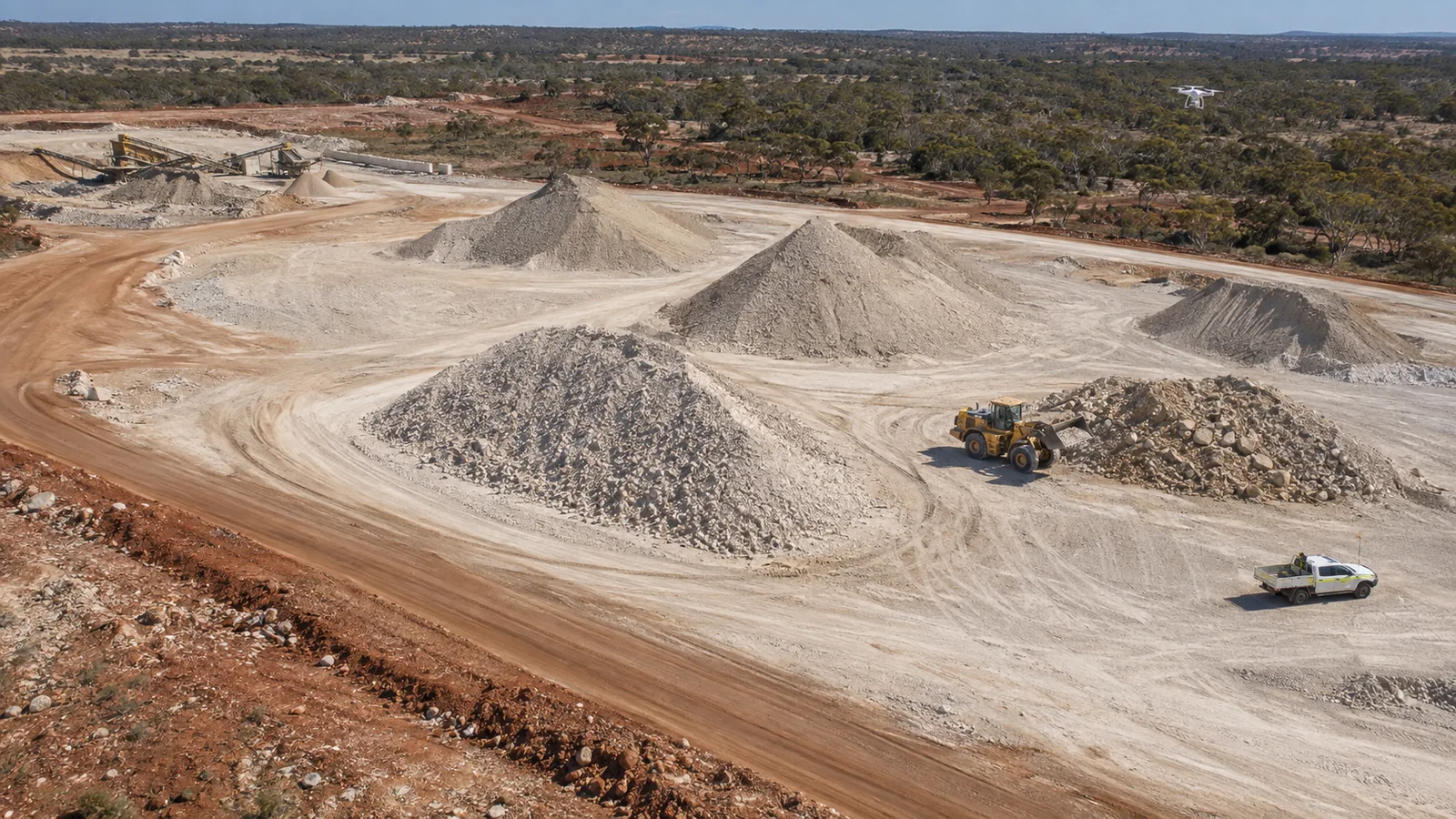 Illustrative drone survey over stockpiles on a Western Australian civil site