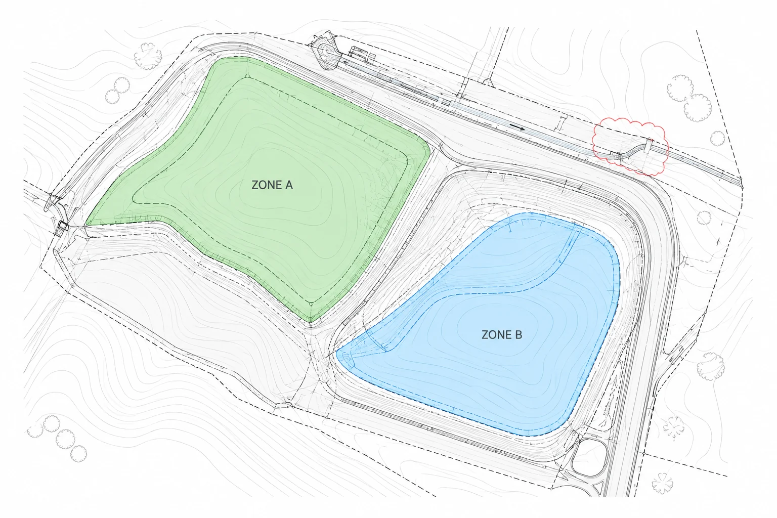Illustrative earthworks plan: green Zone A, blue Zone B and a red drainage revision cloud