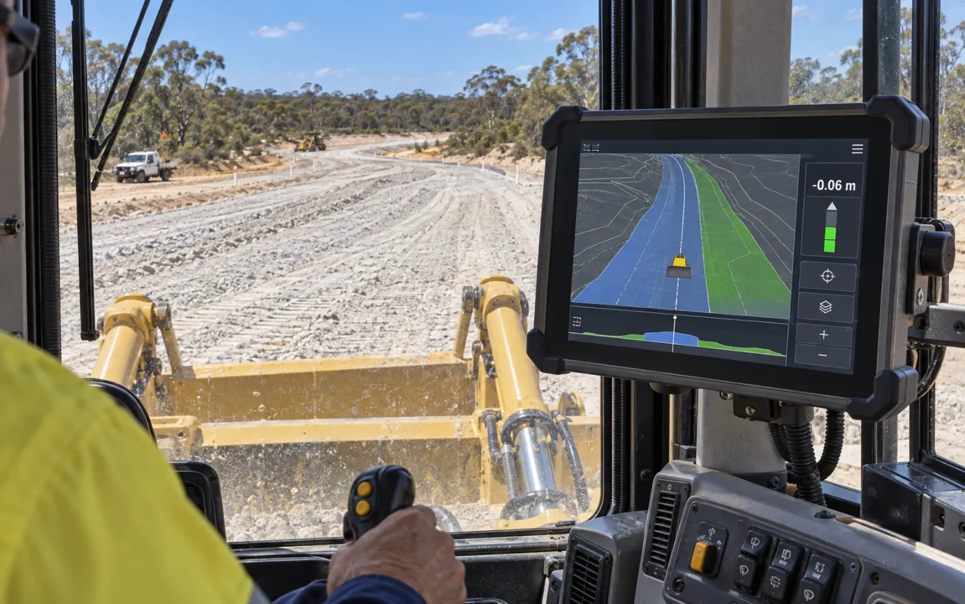Illustrative in-cab machine-control display showing the road design to the operator