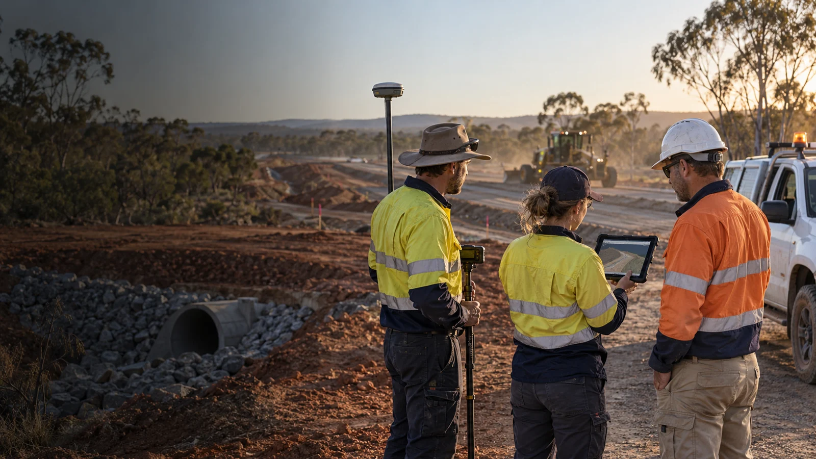 Survey and construction team reviewing a civil earthworks project in Western Australia